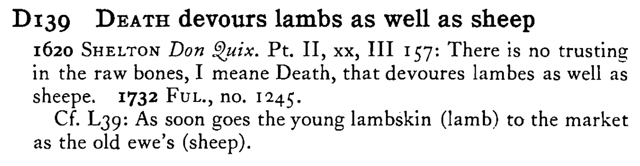 DEATH devours lambs as well as sheep - a scanned entry from Tilley's 1950 Dictionary of Proverbs.