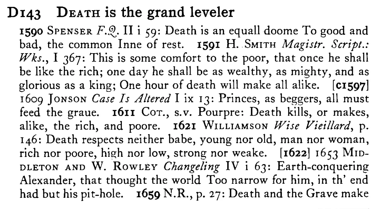 DEATH is the grand leveler - a scanned entry from Tilley's 1950 Dictionary of Proverbs.