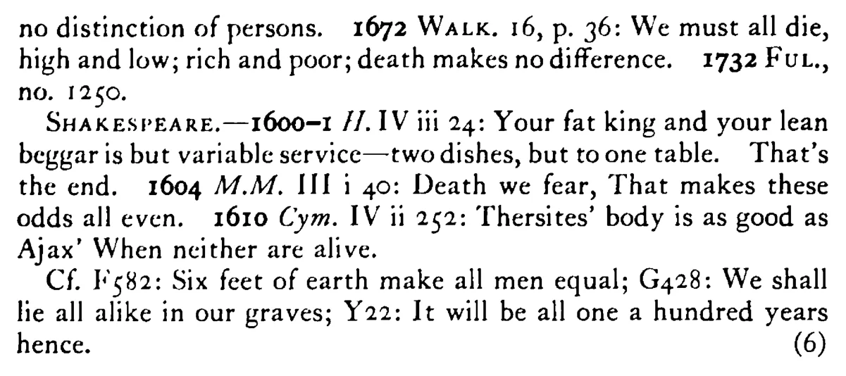 DEATH is the grand leveler - a scanned entry from Tilley's 1950 Dictionary of Proverbs. (continuation)