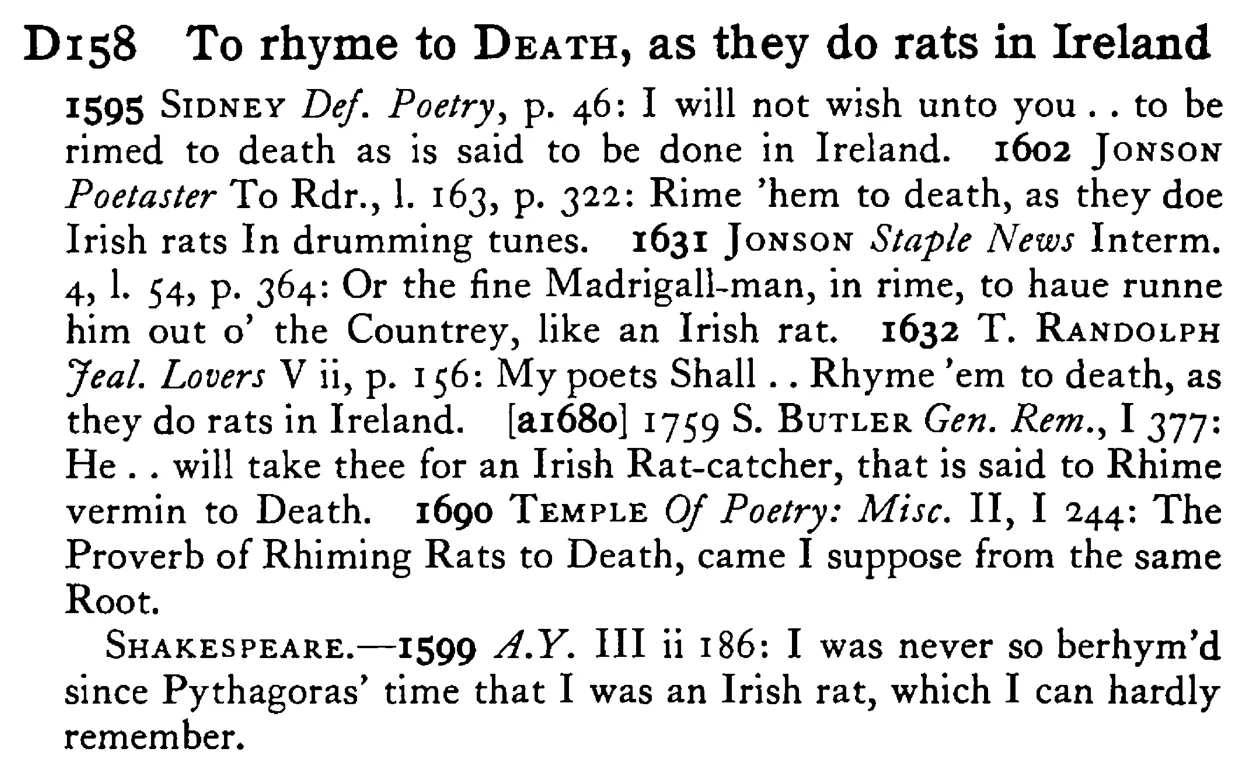 To rhyme to DEATH, as they do rats in Ireland - a scanned entry from Tilley's 1950 Dictionary of Proverbs.