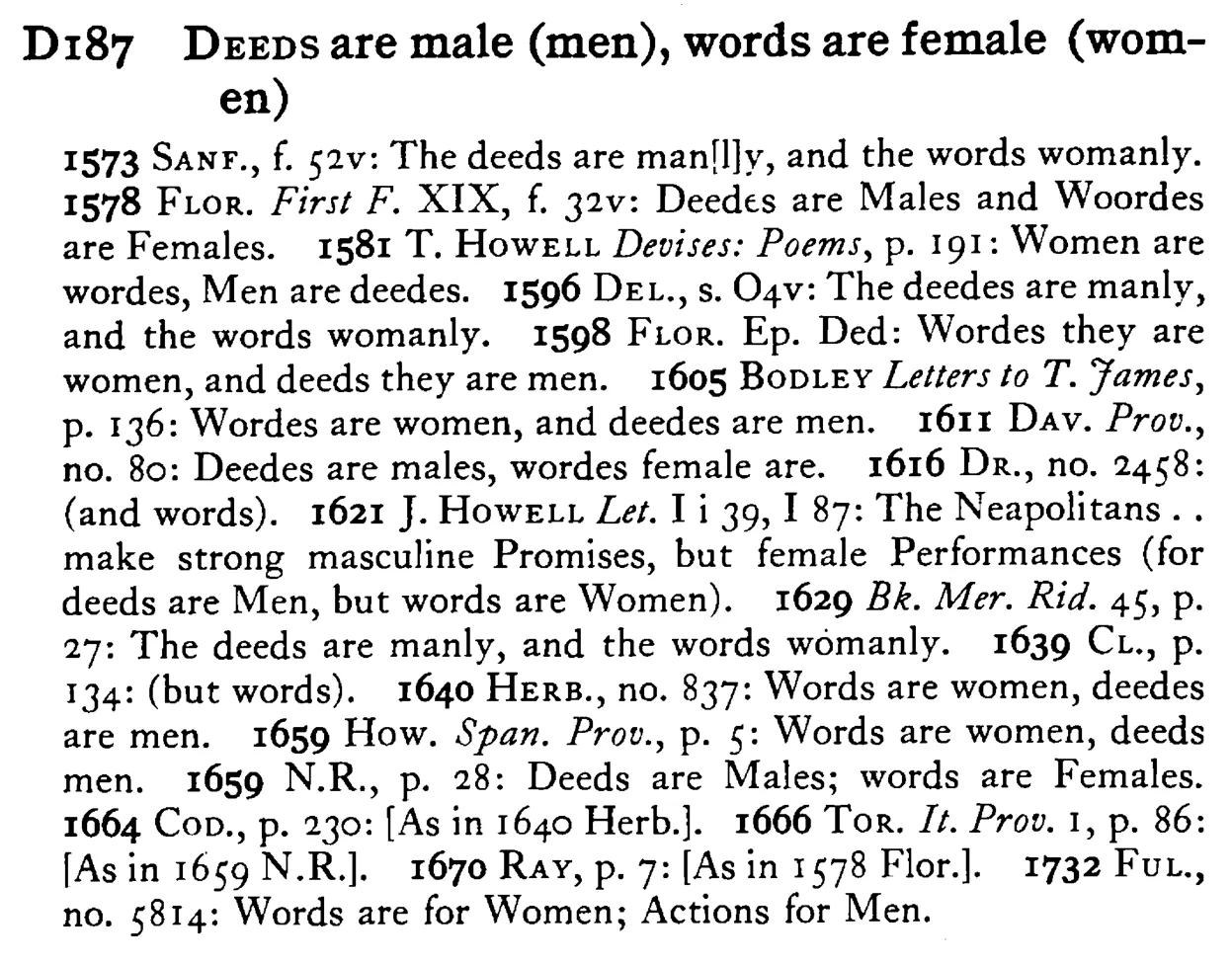 DEEDS are male (men), words are female (women) - a scanned entry from Tilley's 1950 Dictionary of Proverbs.