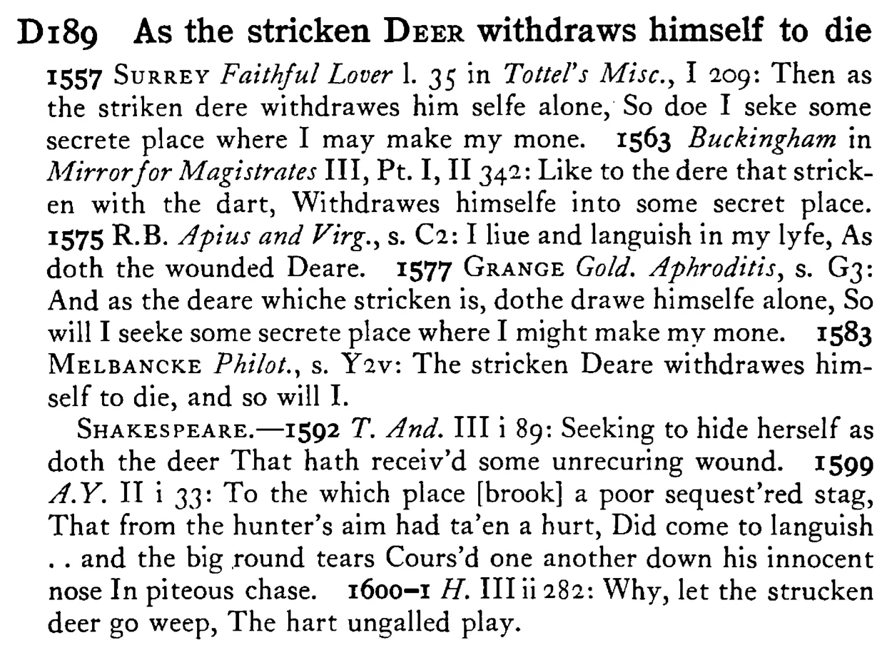 As the stricken DEER withdraws himself to die - a scanned entry from Tilley's 1950 Dictionary of Proverbs.