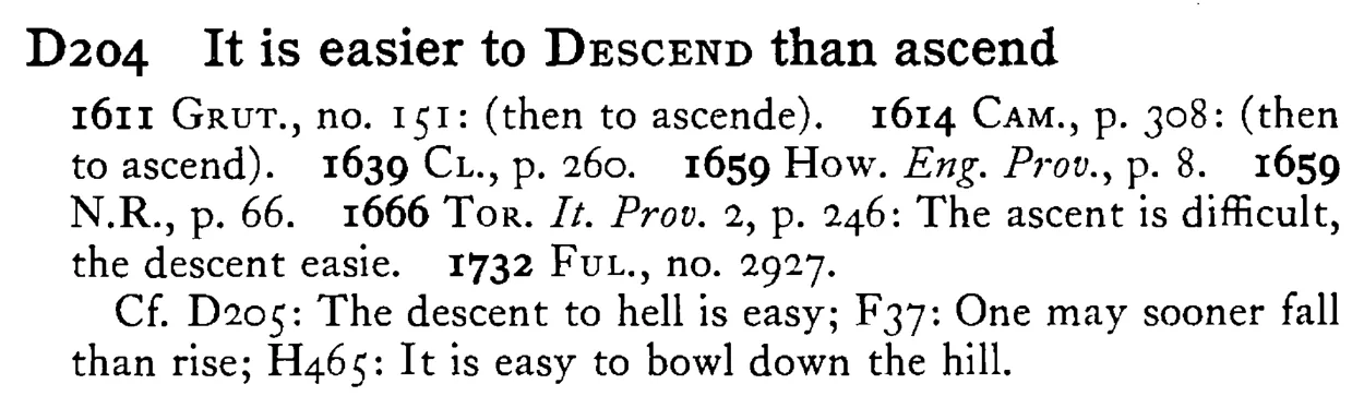 It is easier to DESCEND than ascend - a scanned entry from Tilley's 1950 Dictionary of Proverbs.