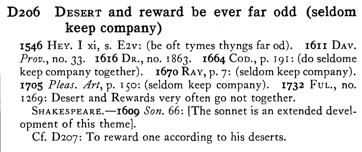 DESERT and reward be ever far odd (seldom keep company) - a scanned entry from Tilley's 1950 Dictionary of Proverbs.