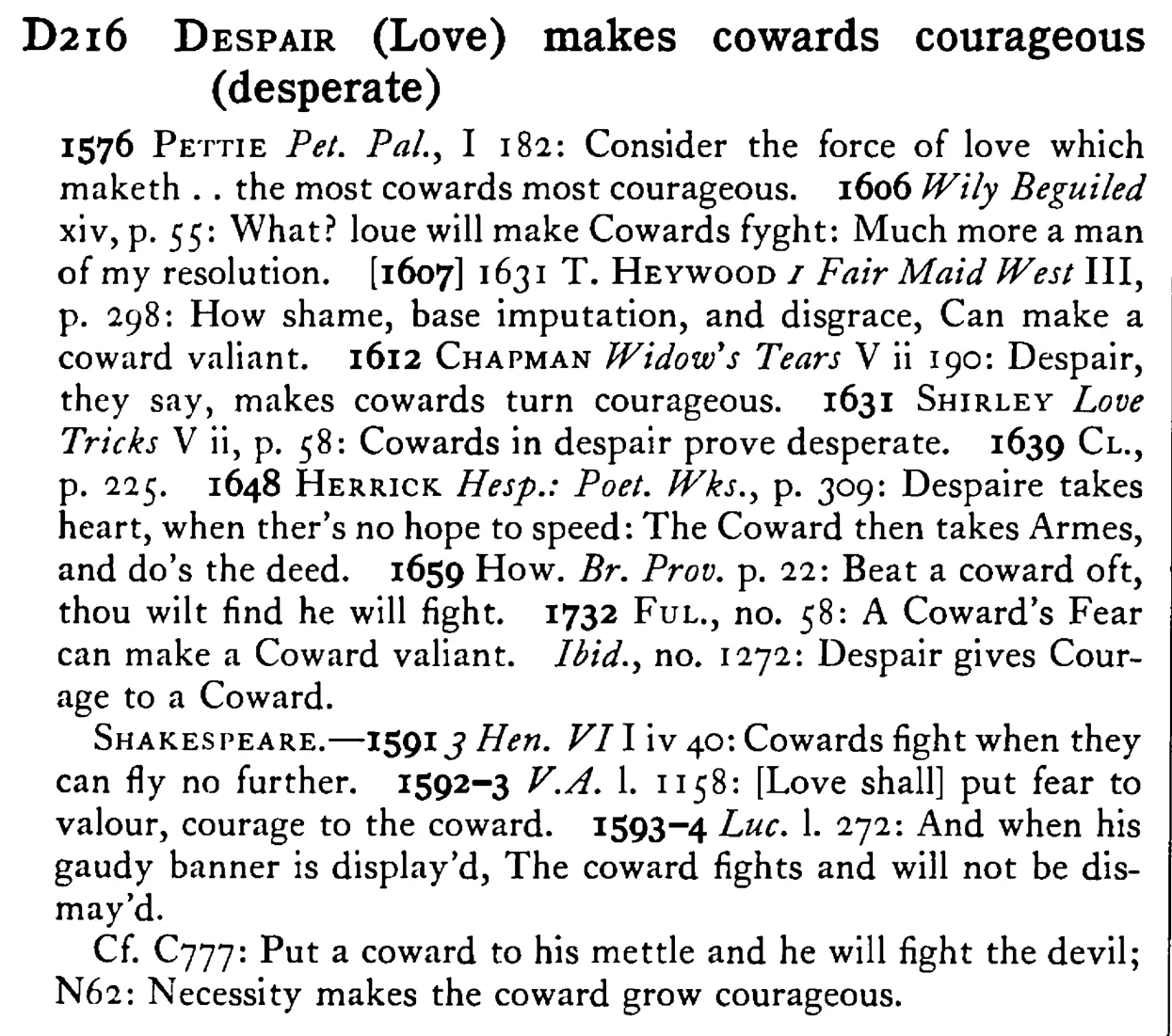 DESPAIR (Love) makes cowards courageous (desperate) - a scanned entry from Tilley's 1950 Dictionary of Proverbs.