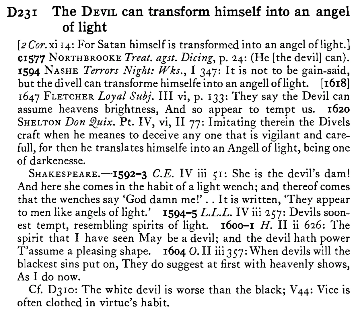The DEVIL can transform himself into an angel of light - a scanned entry from Tilley's 1950 Dictionary of Proverbs.