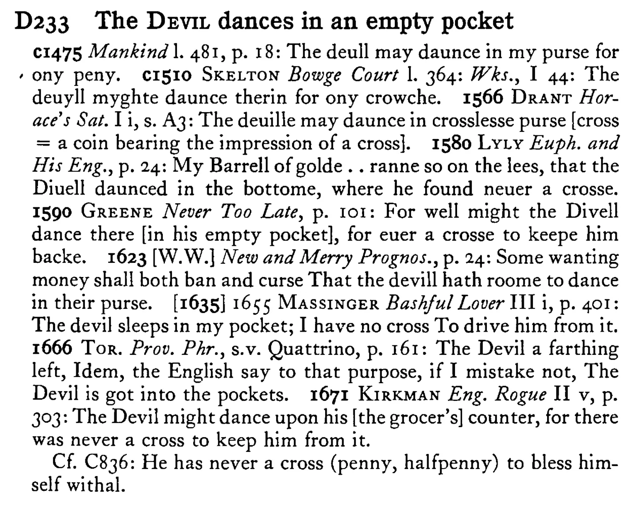 The DEVIL dances in an empty pocket - a scanned entry from Tilley's 1950 Dictionary of Proverbs.