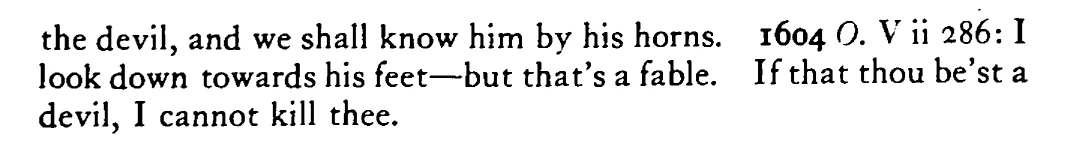 The DEVIL is known by his claws (cloven feet, horns) - a scanned entry from Tilley's 1950 Dictionary of Proverbs. (continuation)