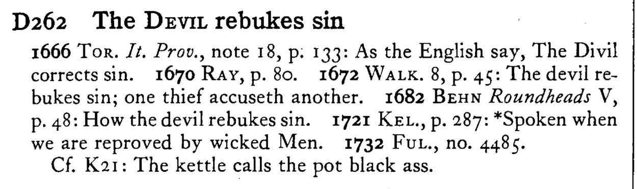 The DEVIL rebukes sin - a scanned entry from Tilley's 1950 Dictionary of Proverbs.