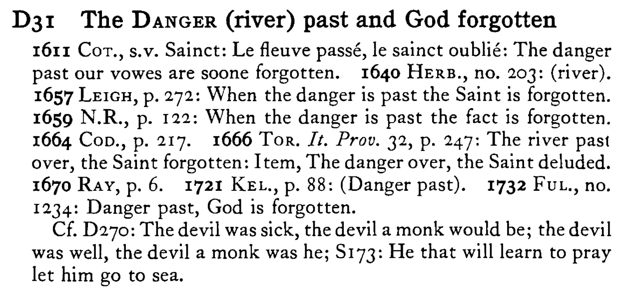 The DANGER (river) past and God forgotten - a scanned entry from Tilley's 1950 Dictionary of Proverbs.