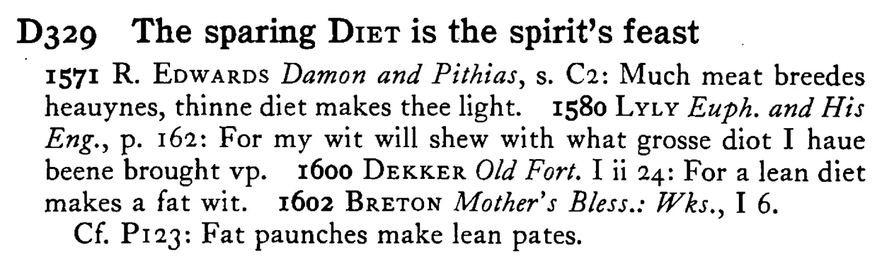 The sparing DIET is the spirit's feast - a scanned entry from Tilley's 1950 Dictionary of Proverbs.