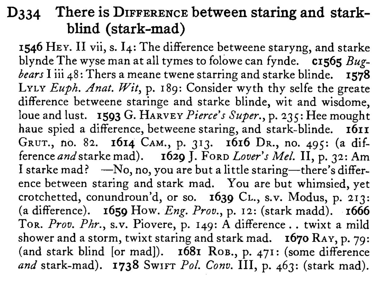 There is DIFFERENCE between staring and stark-blind (stark-mad) - a scanned entry from Tilley's 1950 Dictionary of Proverbs.