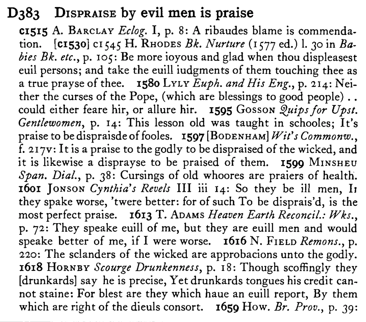 DISPRAISE by evil men is praise - a scanned entry from Tilley's 1950 Dictionary of Proverbs.