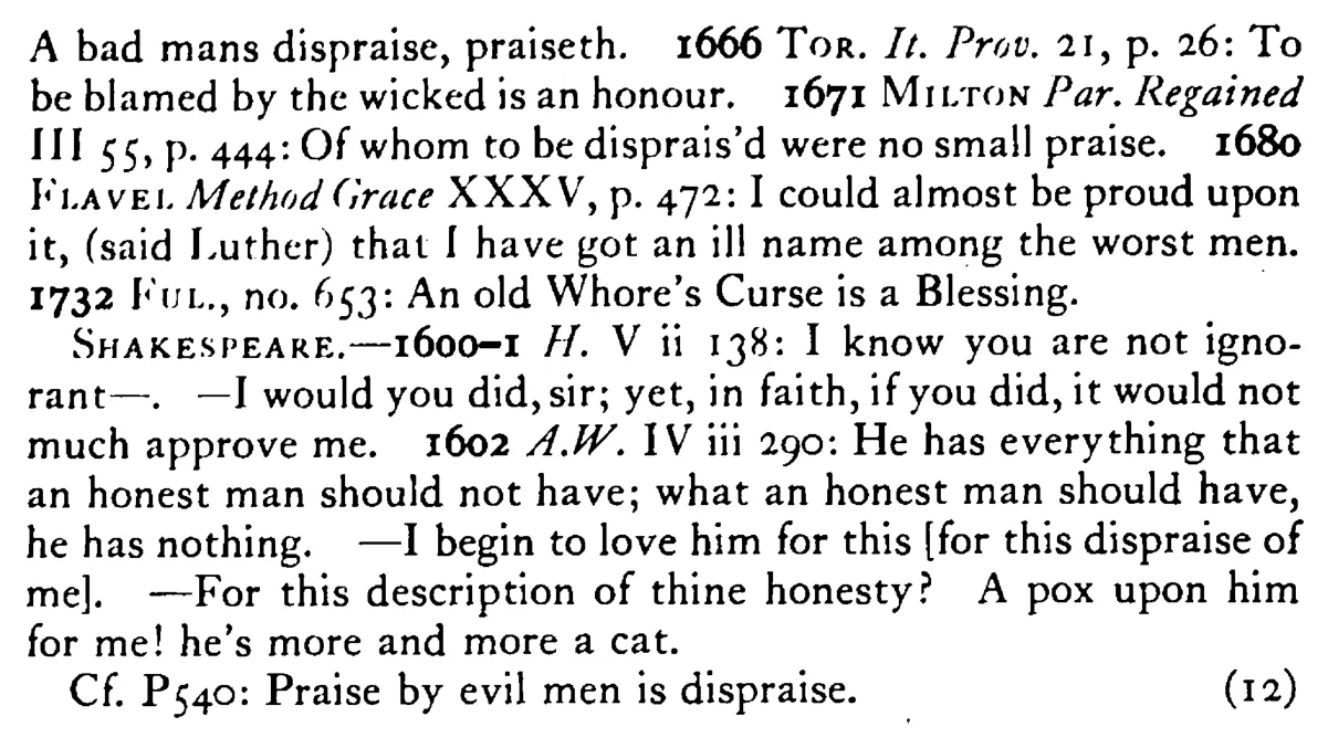 DISPRAISE by evil men is praise - a scanned entry from Tilley's 1950 Dictionary of Proverbs. (continuation)