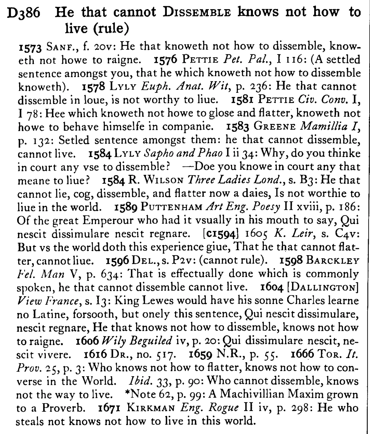 He that cannot DISSEMBLE knows not how to live (rule) - a scanned entry from Tilley's 1950 Dictionary of Proverbs.