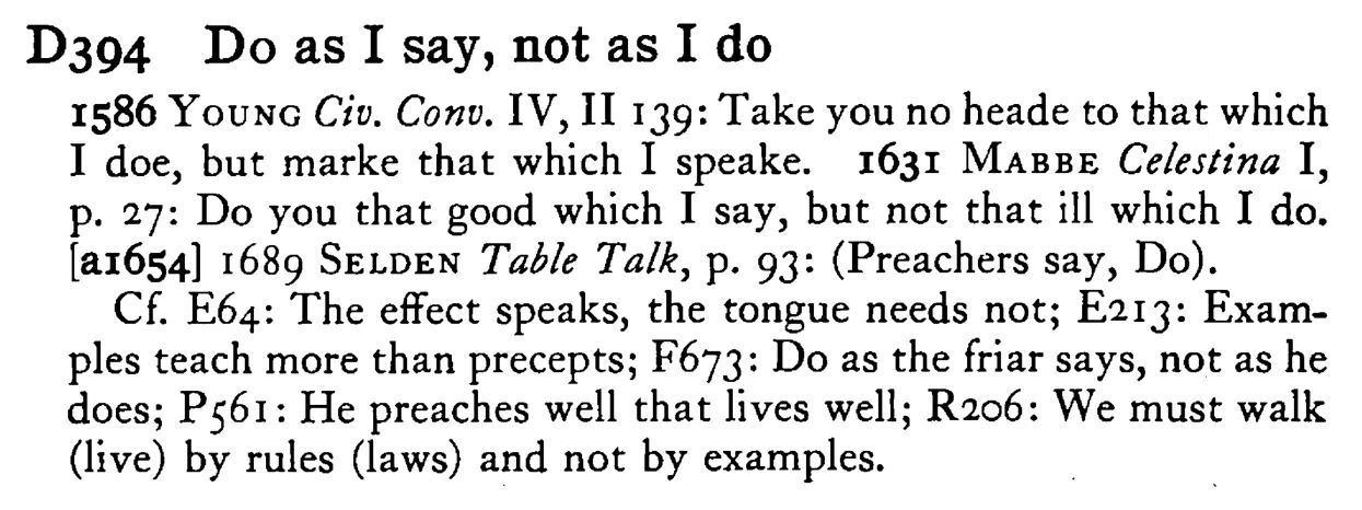 DO as I say, not as I do - a scanned entry from Tilley's 1950 Dictionary of Proverbs.