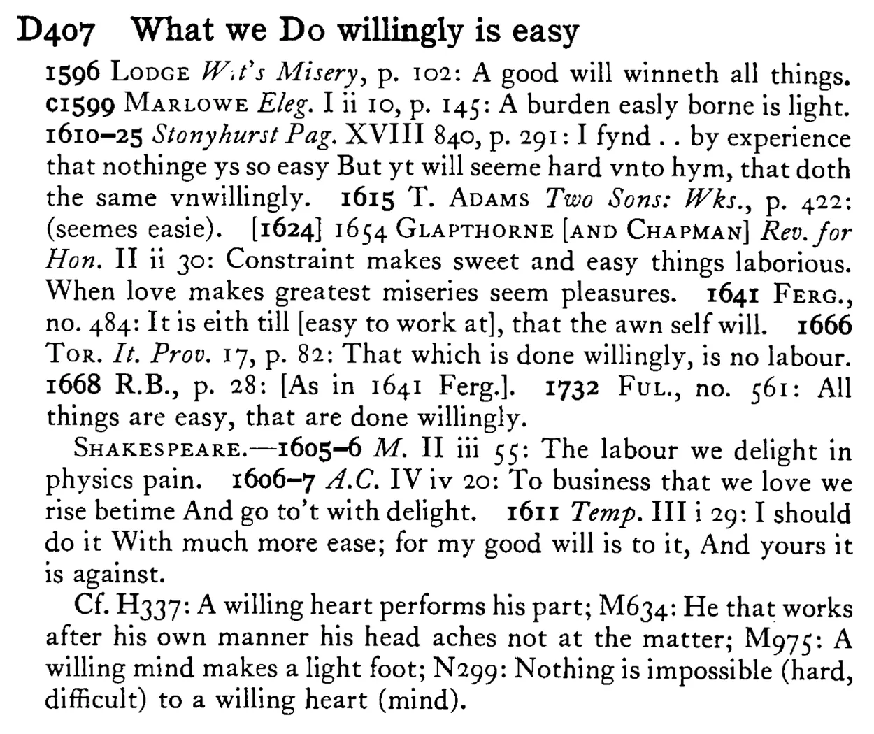 What we DO willingly is easy - a scanned entry from Tilley's 1950 Dictionary of Proverbs.