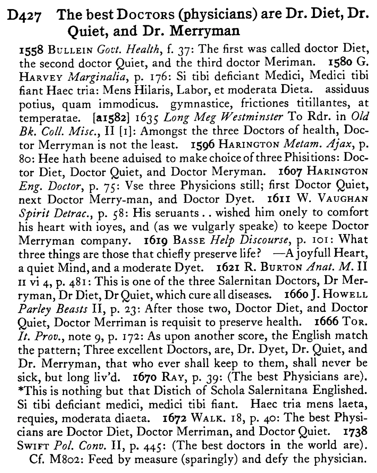 The best DOCTORS (physicians) are Dr. Diet, Dr. Quiet, and Dr. Merryman - a scanned entry from Tilley's 1950 Dictionary of Proverbs.