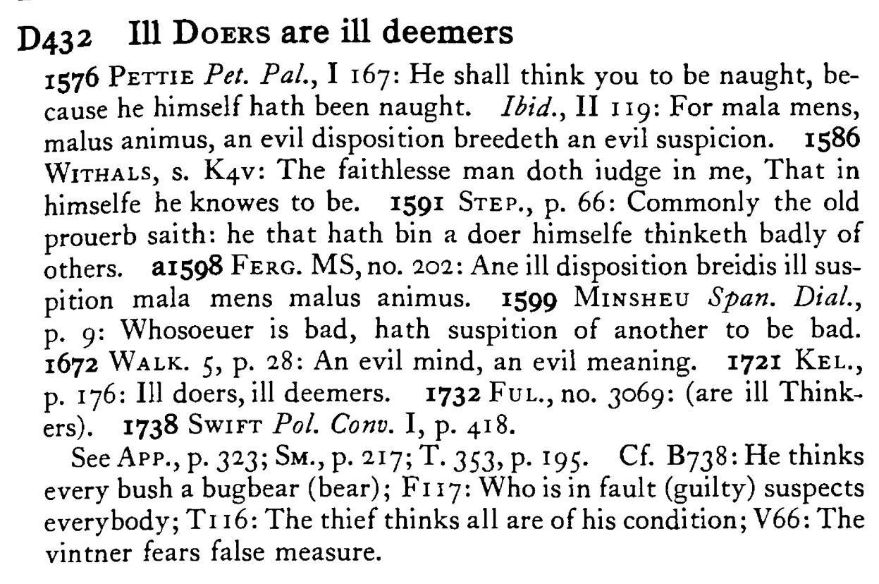 Ill DOERS are ill deemers - a scanned entry from Tilley's 1950 Dictionary of Proverbs.