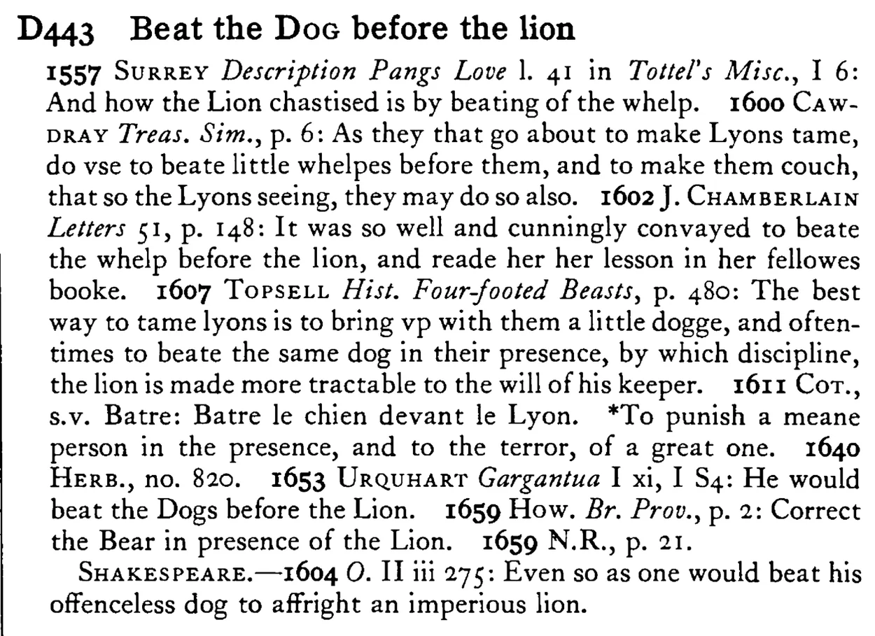 Beat the DOG before the lion - a scanned entry from Tilley's 1950 Dictionary of Proverbs.