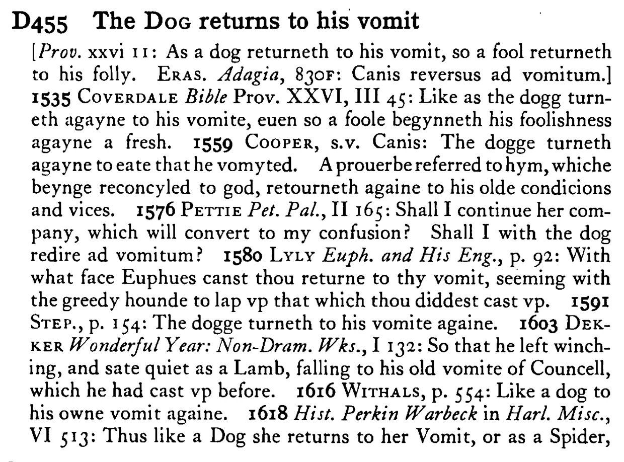 The DOG returns to his vomit - a scanned entry from Tilley's 1950 Dictionary of Proverbs.