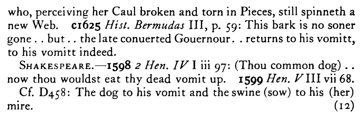 The DOG returns to his vomit - a scanned entry from Tilley's 1950 Dictionary of Proverbs. (continuation)