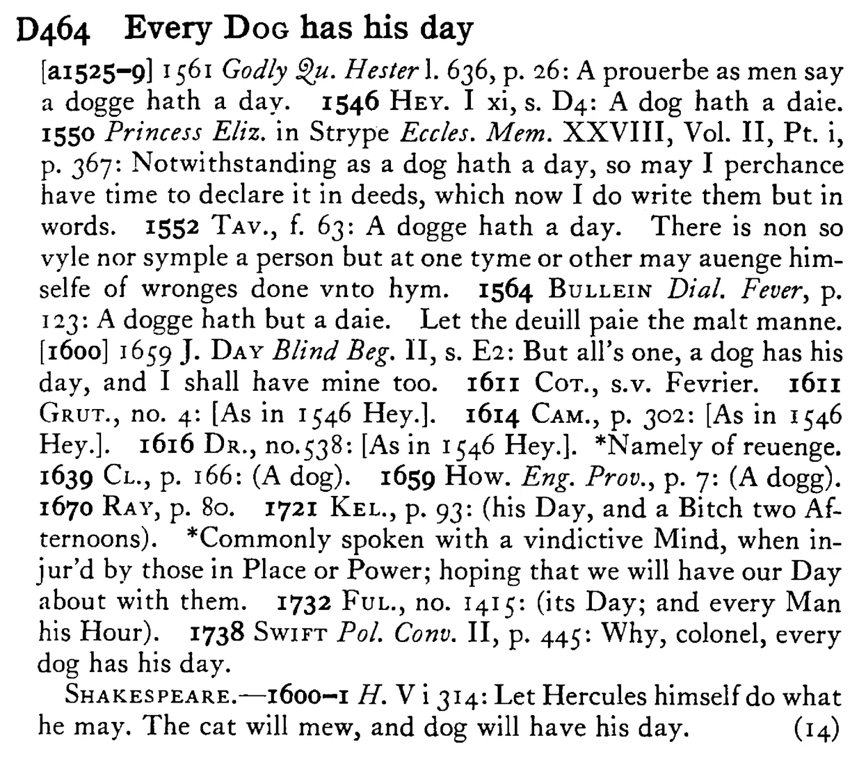 Every DOG has his day - a scanned entry from Tilley's 1950 Dictionary of Proverbs.