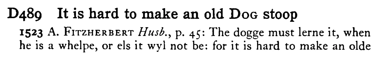 It is hard to make an old DOG stoop - a scanned entry from Tilley's 1950 Dictionary of Proverbs.