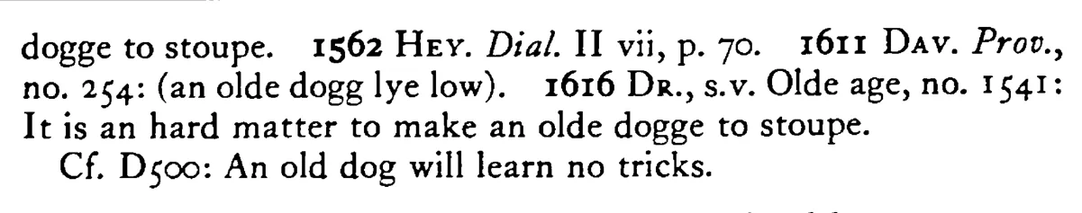 It is hard to make an old DOG stoop - a scanned entry from Tilley's 1950 Dictionary of Proverbs. (continuation)