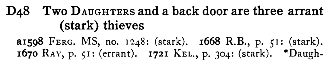 Two DAUGHTERS and a back door are three arrant (stark) thieves - a scanned entry from Tilley's 1950 Dictionary of Proverbs.