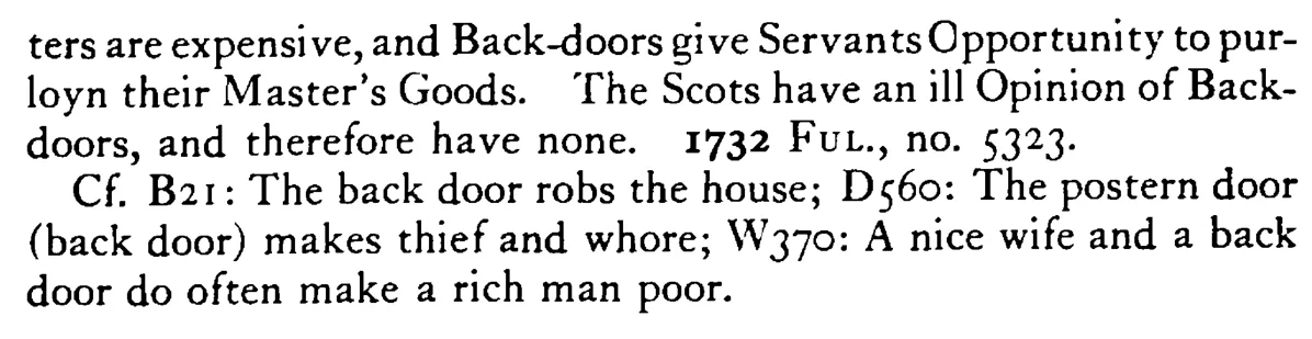 Two DAUGHTERS and a back door are three arrant (stark) thieves - a scanned entry from Tilley's 1950 Dictionary of Proverbs. (continuation)