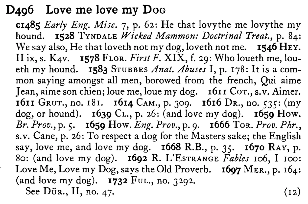 Love me love my DOG - a scanned entry from Tilley's 1950 Dictionary of Proverbs.