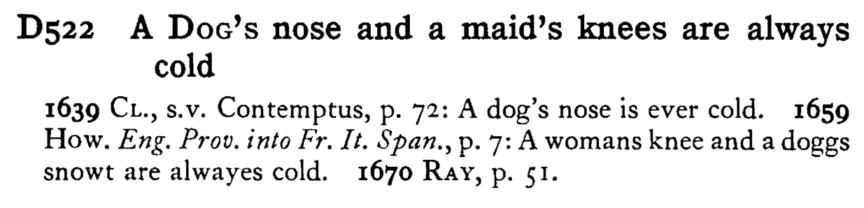 A DOG's nose and a maid's knees are always cold - a scanned entry from Tilley's 1950 Dictionary of Proverbs.