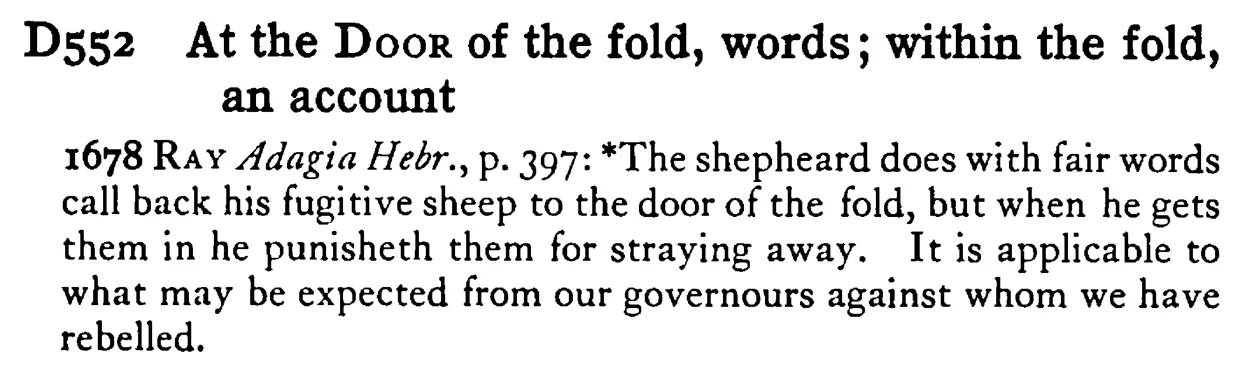 At the DOOR of the fold, words; within the fold, an account - a scanned entry from Tilley's 1950 Dictionary of Proverbs.