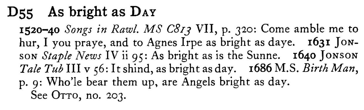 As bright as DAY - a scanned entry from Tilley's 1950 Dictionary of Proverbs.
