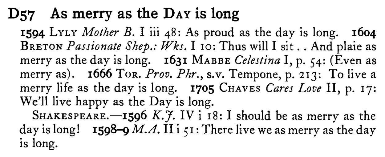 As merry as the DAY is long - a scanned entry from Tilley's 1950 Dictionary of Proverbs.