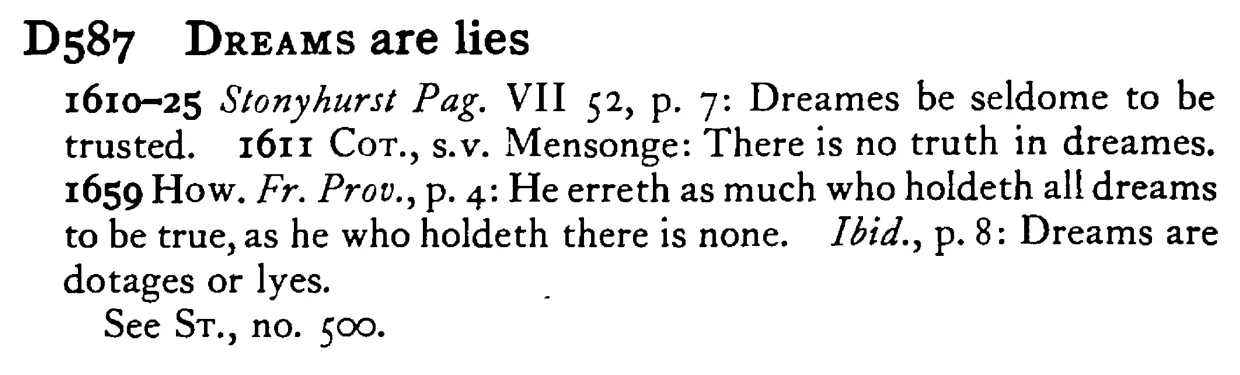 DREAMS are lies - a scanned entry from Tilley's 1950 Dictionary of Proverbs.