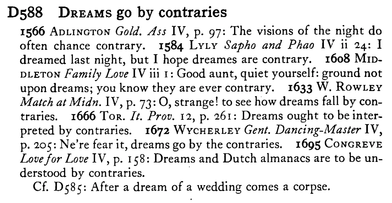DREAMS go by contraries - a scanned entry from Tilley's 1950 Dictionary of Proverbs.