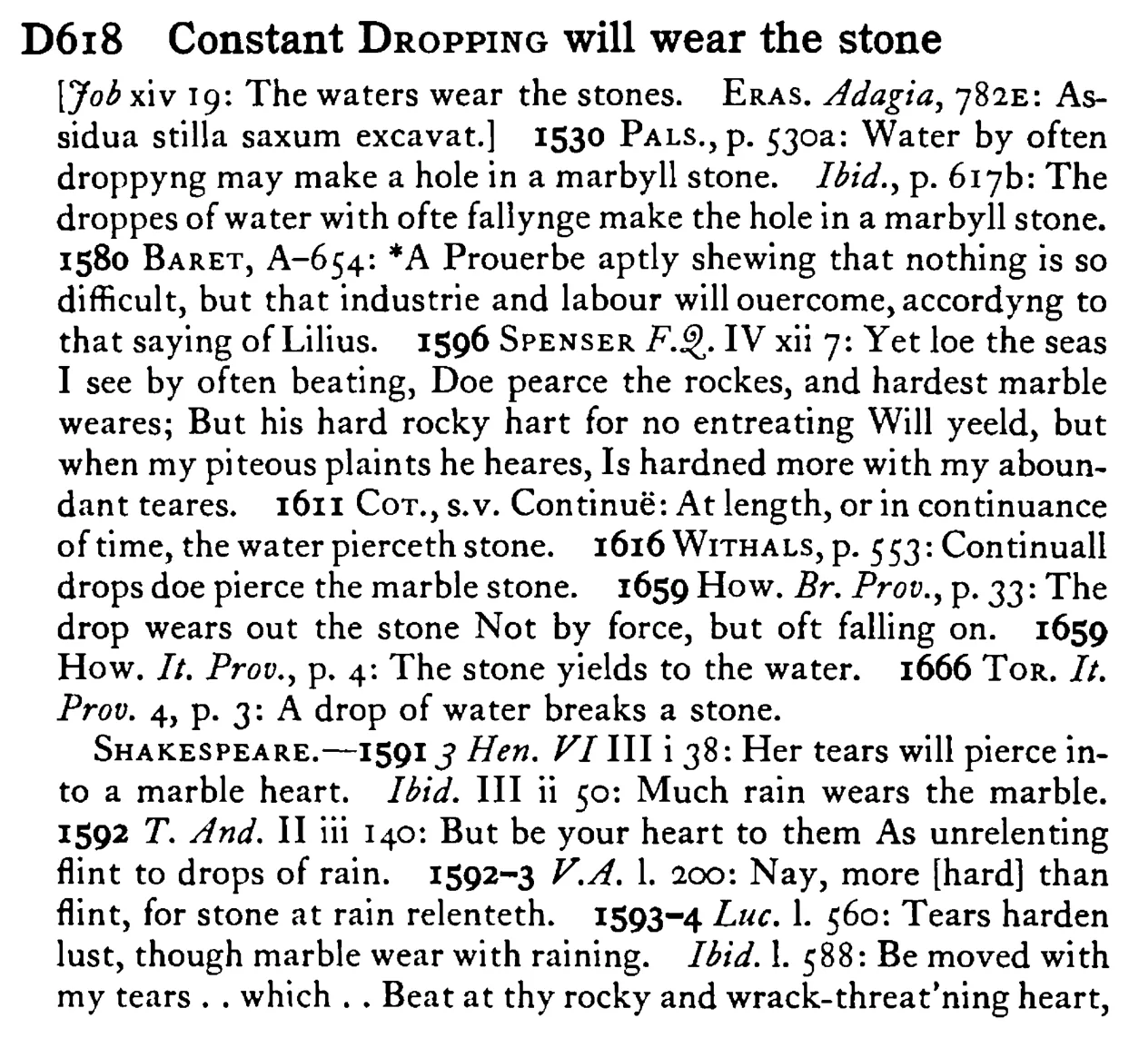 Constant DROPPING will wear the stone - a scanned entry from Tilley's 1950 Dictionary of Proverbs.