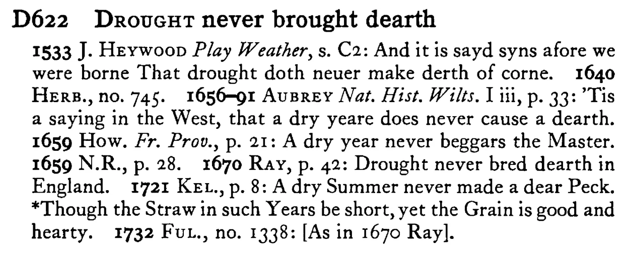 DROUGHT never brought dearth - a scanned entry from Tilley's 1950 Dictionary of Proverbs.