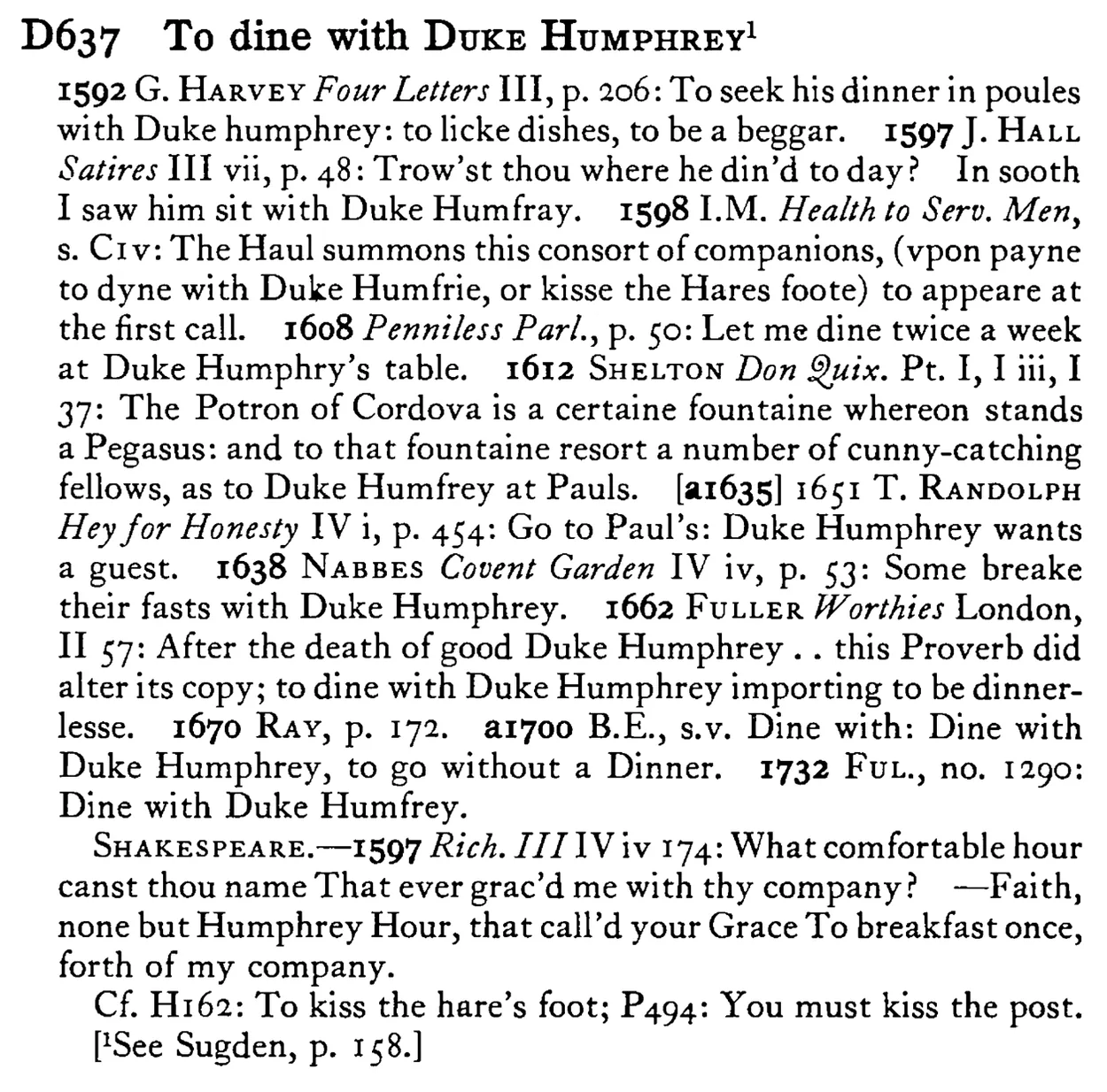 To dine with DUKE HUMPHREY¹ - a scanned entry from Tilley's 1950 Dictionary of Proverbs.