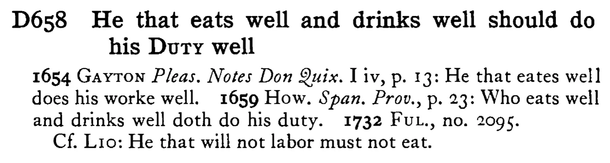 He that eats well and drinks well should do his DUTY well - a scanned entry from Tilley's 1950 Dictionary of Proverbs.