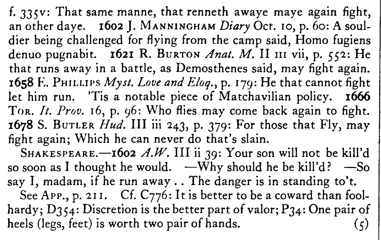 He that fights and runs away may live to fight another DAY - a scanned entry from Tilley's 1950 Dictionary of Proverbs. (continuation)