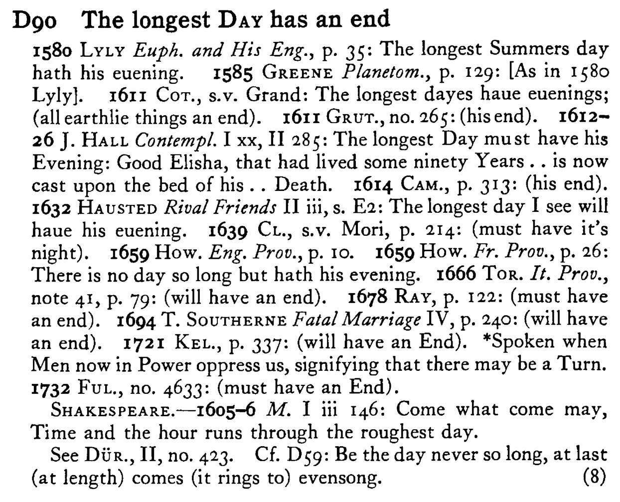 The longest DAY has an end - a scanned entry from Tilley's 1950 Dictionary of Proverbs.