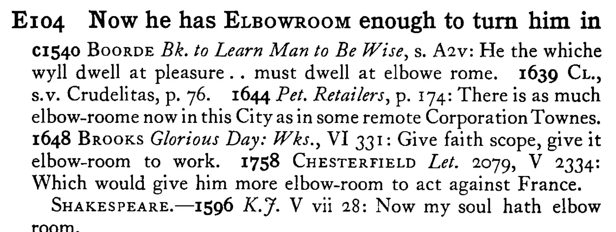Now he has ELBOWROOM enough to turn him in - a scanned entry from Tilley's 1950 Dictionary of Proverbs.