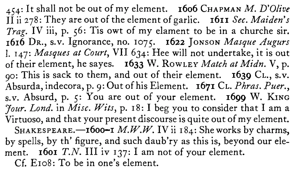 He is out of his ELEMENT - a scanned entry from Tilley's 1950 Dictionary of Proverbs. (continuation)