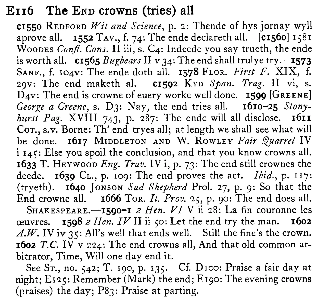 The END crowns (tries) all - a scanned entry from Tilley's 1950 Dictionary of Proverbs.