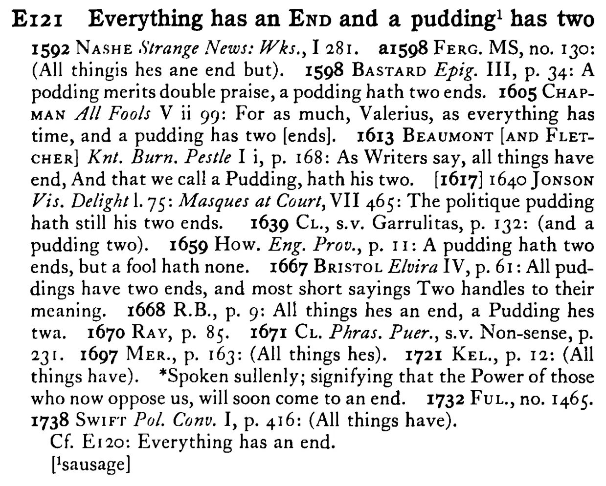 Everything has an END and a pudding¹ has two - a scanned entry from Tilley's 1950 Dictionary of Proverbs.