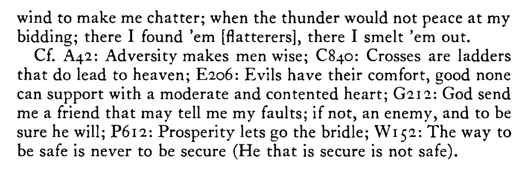 An ENEMY (Adversity) makes a man to know himself whereas a friend (prosperity) flattens a man and deceives him - a scanned entry from Tilley's 1950 Dictionary of Proverbs. (continuation)