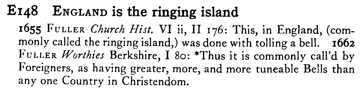 ENGLAND is the ringing island - a scanned entry from Tilley's 1950 Dictionary of Proverbs.